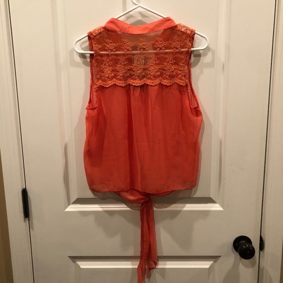 NWT Orange Sheer Tie Button-up - Picture 3 of 7